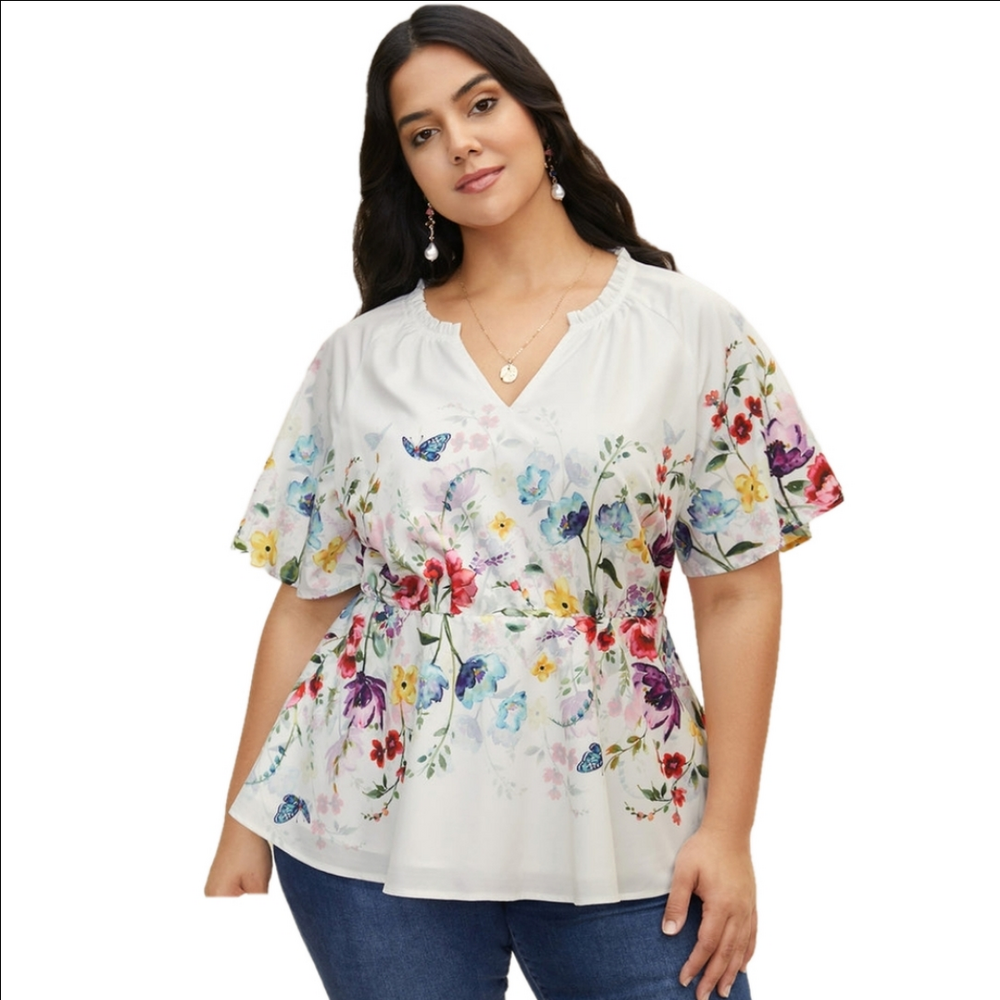 Bloomchic Spring Floral V Notched with Frill Trim Collar Sz 18-20
